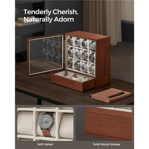 12 Slot Wood Watch Display Box Vertical Organizer with Drawer Velvet Lining - Picture 5 of 7